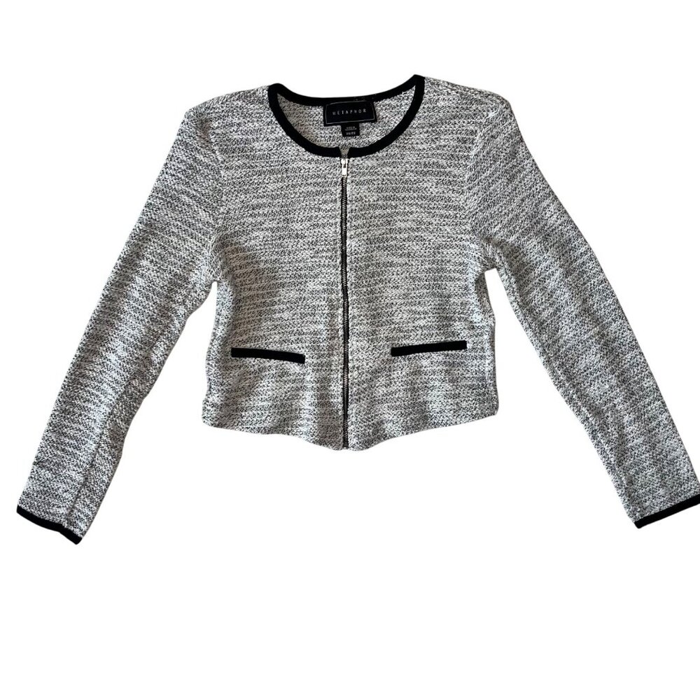 Metaphor Womens XS Tweed Knit Crop Jacket With Zipper Front & Black Trim Accents